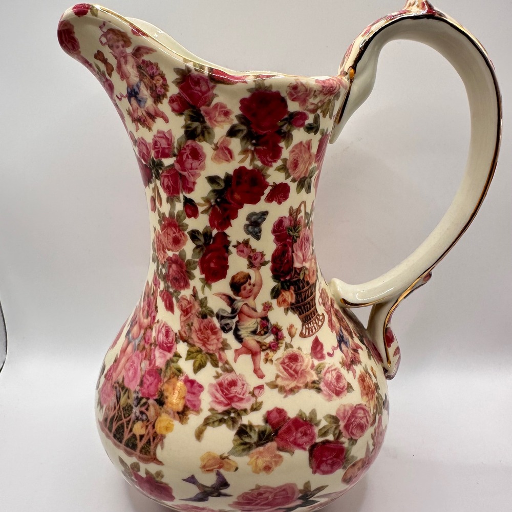 Formalities by Baum Bros Cherub Chintz Porcelain Pitcher Floral Victorian Gold‎